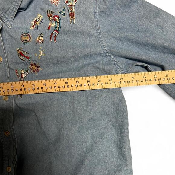 Vintage 90s denim button up shirt southwestern flute player Kokopelli embroidery - Picture 5 of 6